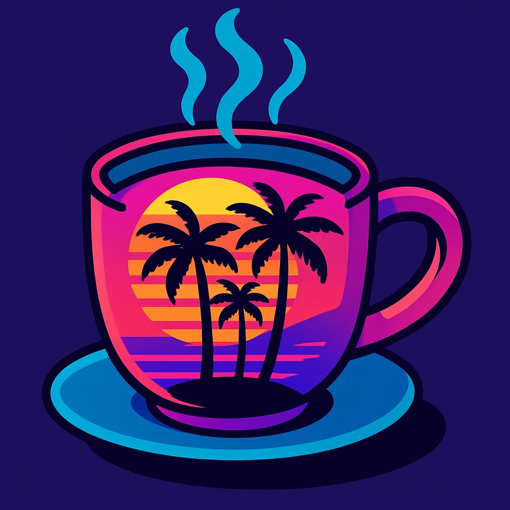 coffee cup with synthwave palm trees, neon sunset colors, retro 80s style emoji