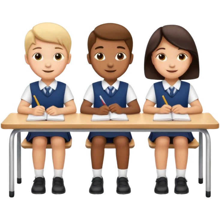 three school children sitting in a row behind their school desks emoji