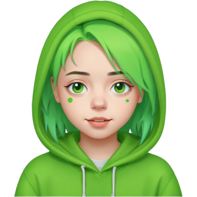 Billie Eilish with neon green hair, hoodie, small smile, pop singer, Apple emoji style emoji