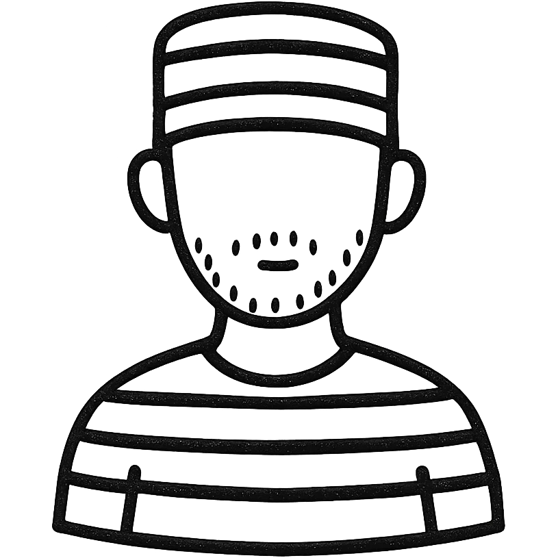 male prisoner wearing striped prison uniform, hand drawn outline icon style, no background emoji