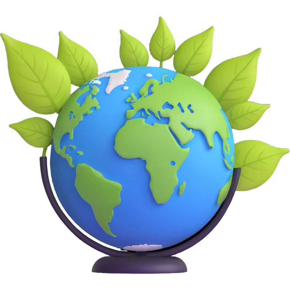 Green leaf on top of a round Earth globe, simple background, soft light emoji