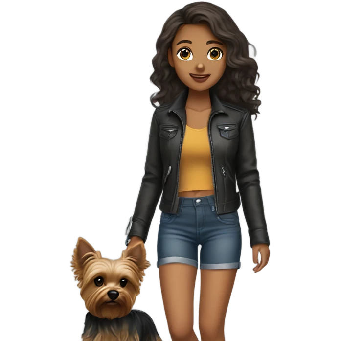 Tan girl autumn wavy medium length hair in her shorts and leather jacket walking her female Yorkie  emoji