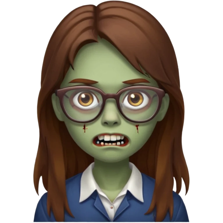 Girl zombie with brown long hair with teeth and serious face IOS style with glasses emoji