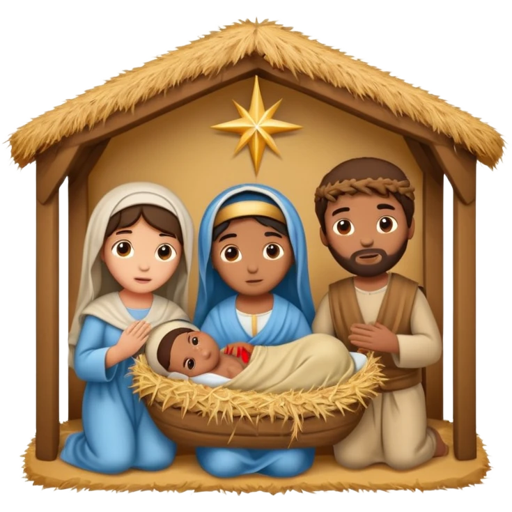 nativity scene in a manger with humans with Mediterranean skin color emoji