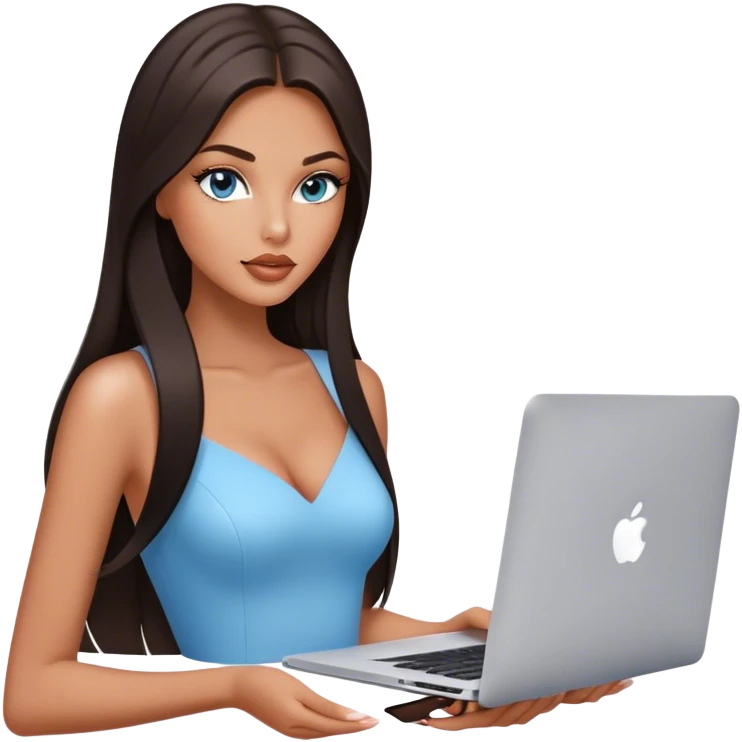 Glamours tanned very beautiful girl with pump natural peach lips and dark chocolate straight smooth long hair, blue-grey eyes with MacBook emoji