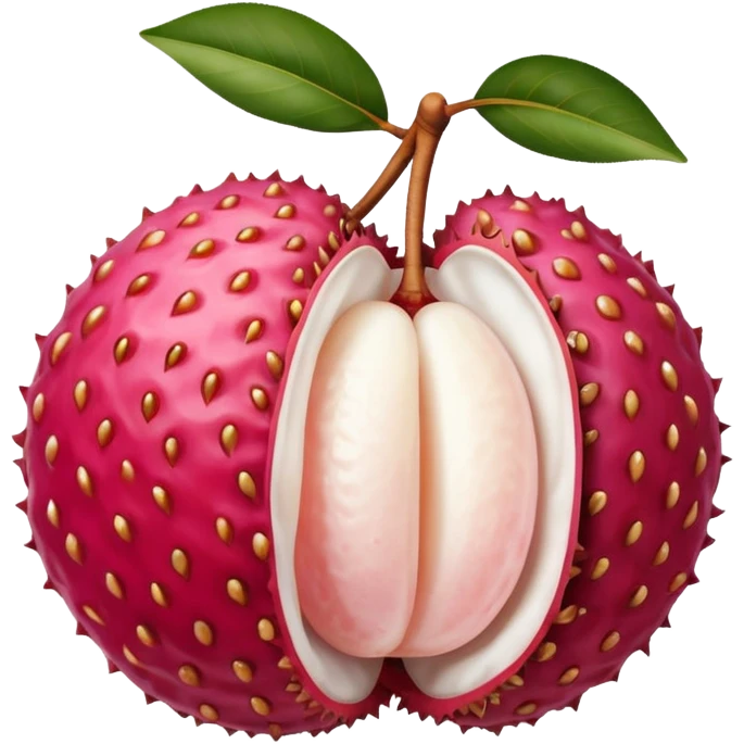 one whole lychee with rough, bumpy pink-red skin and a second one peeled open to show glossy white flesh and smooth brown seed inside, juicy translucent texture, soft lighting, subtle shadows, subtle highlights, no leaves, plate, or extras, apple emoji style, emoji scale emoji