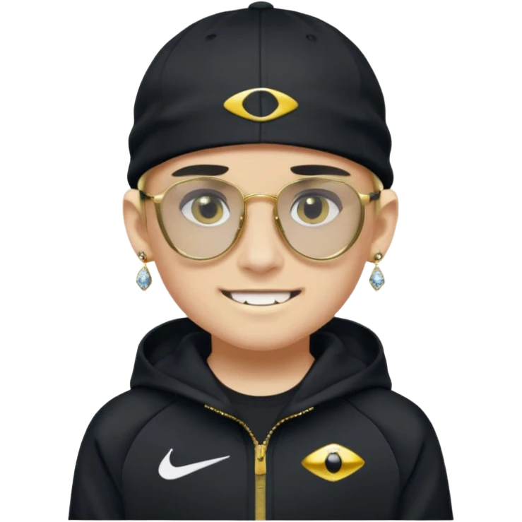 un emoji de un chico emcapuchado blanco, con gorro kalenji, dientes de oro, com uma chaqueta negra nike tech y unas gafas de oakley, con pendientes de diamante  emoji