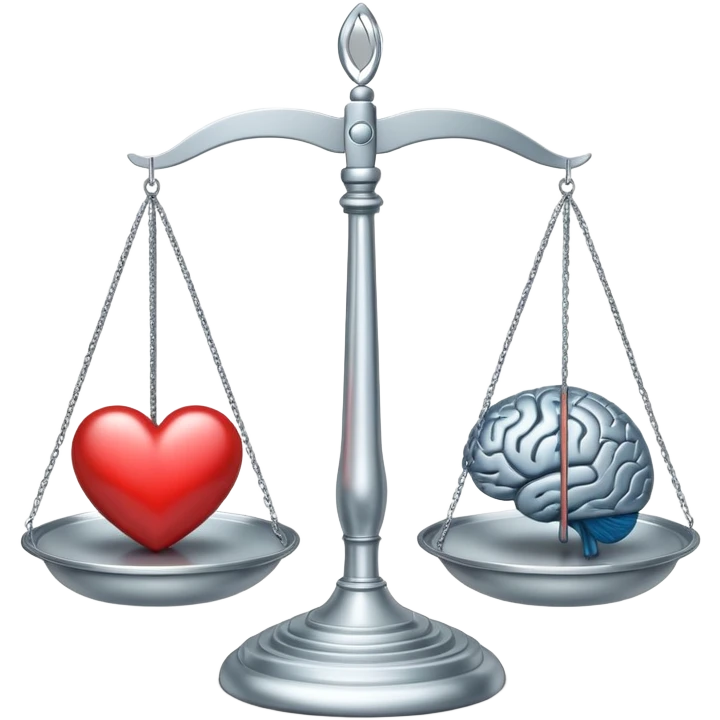 balanced scale with brain on one side and heart on the other side, perfectly balanced emoji