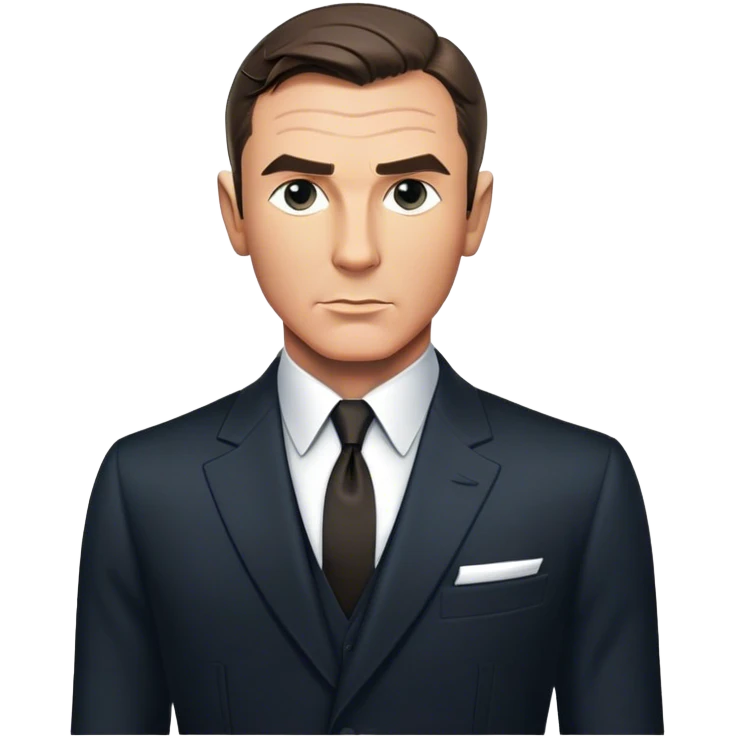 Cinematic Realistic James Bond Portrait Emoji, depicted as a suave, sophisticated secret agent in a tailored suit with a cool, composed gaze and an air of stealth and charm, rendered with crisp textures and dynamic cinematic lighting that captures his timeless espionage allure. emoji