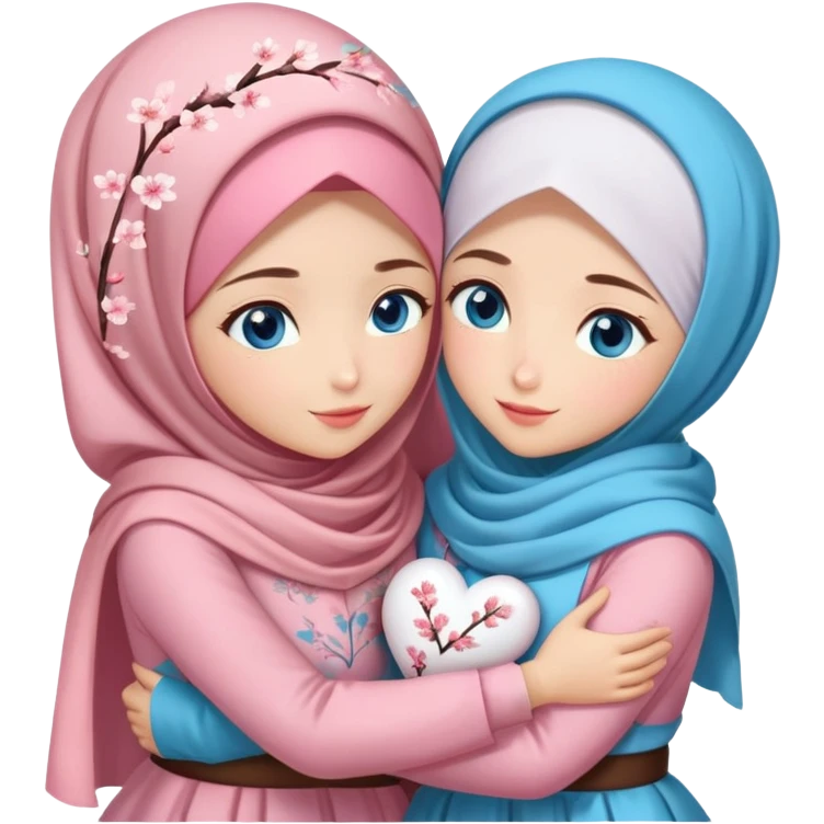 Two sister hugs Turkish girls beautiful finish Konya blue eyes with cherry blossom hijab and heart dress and hugs  emoji