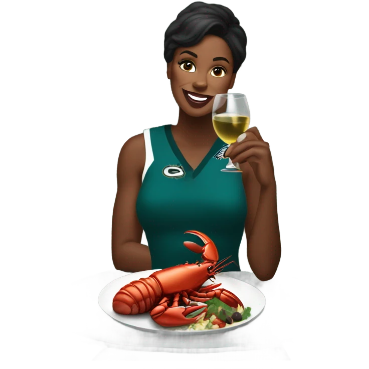 Black woman eating steak and lobster and wine wearing an eagles jersey  emoji