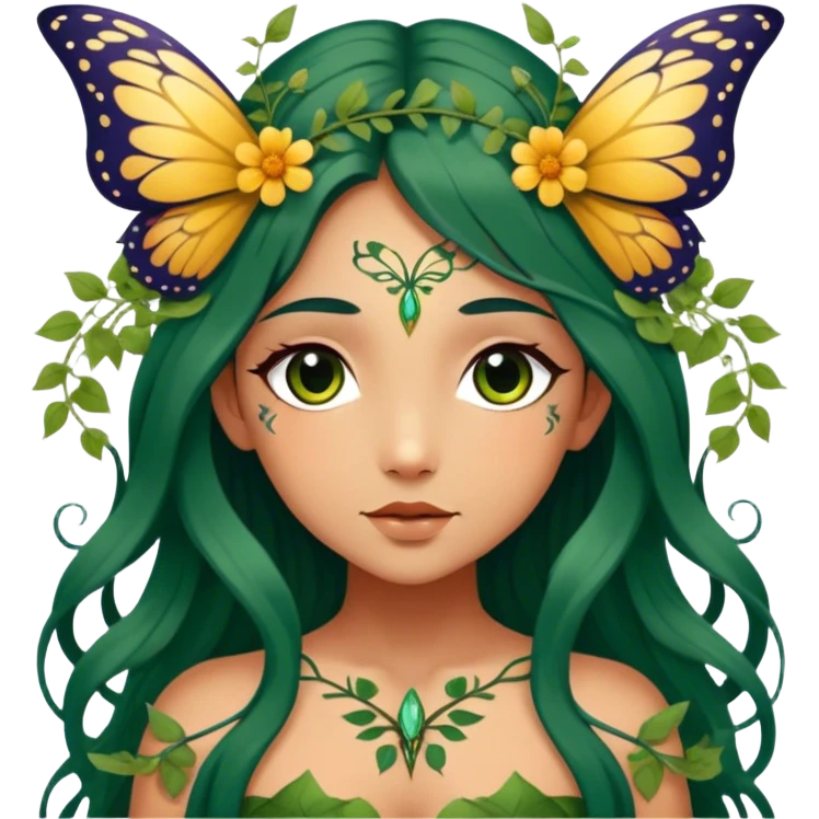 Cinematic Realistic Forest Fairy Portrait, depicted with lifelike, sun-kissed tanned skin that radiates an earthy glow, softly illuminated by natural, dappled light. Her long, flowing dark green hair is intricately detailed and interwoven with delicate vines and wildflowers, while her deep, soulful eyes mirror the wisdom of the forest. Dressed in an attire inspired by nature’s palette—with subtle botanical motifs—the portrait exudes a soft, enchanted glow that melds realism with woodland magic showing her large butterfly wings from her back. emoji