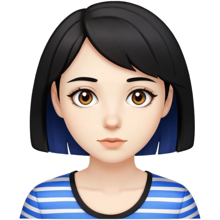 Pale girl with brown eyes, short black hair with two blue stripes emoji