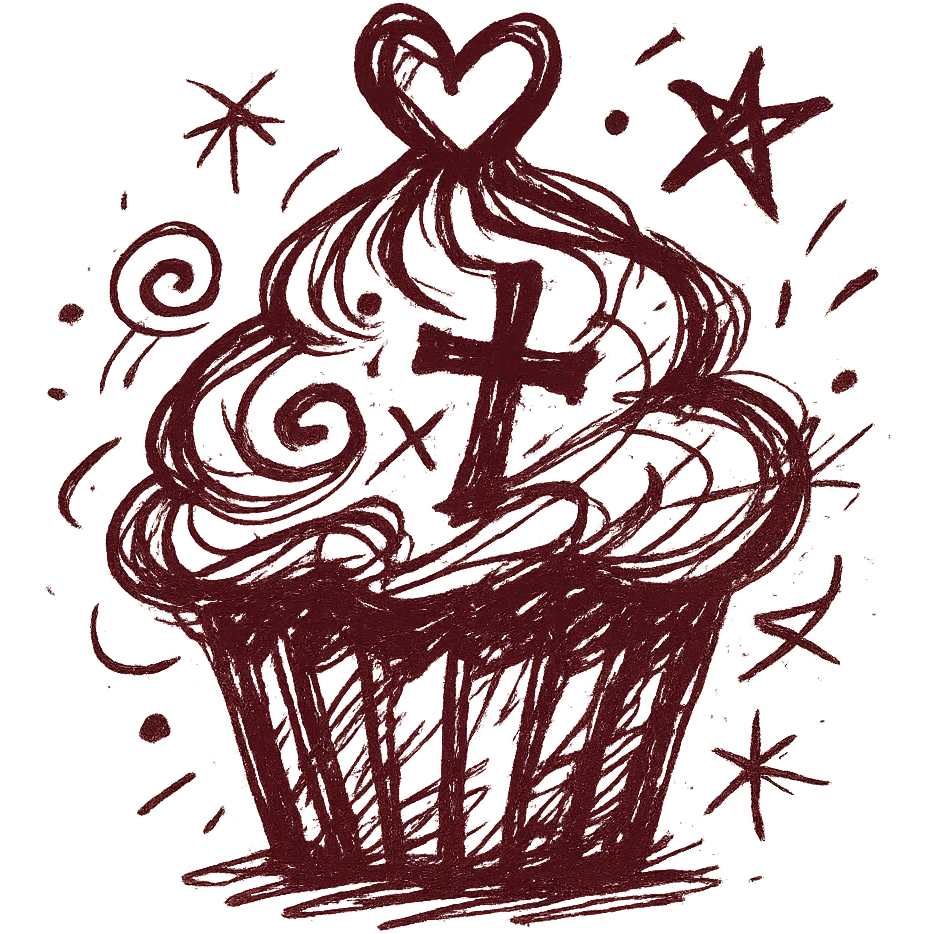 Gothic cupcake in chaotic doodle style with burgundy color, no background. emoji