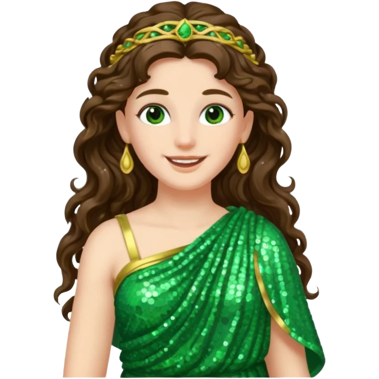 Juno, Goddess of Marriage from Roman Deities with long brunette wavy hair, green sequin toga emoji