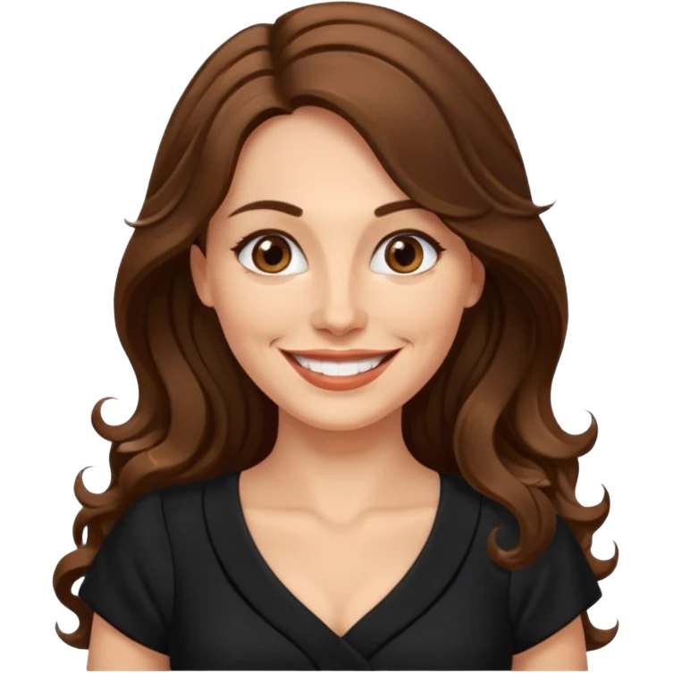 40 yr croatian woman, long wavy brown hair, big smile, side part, black dress
 emoji