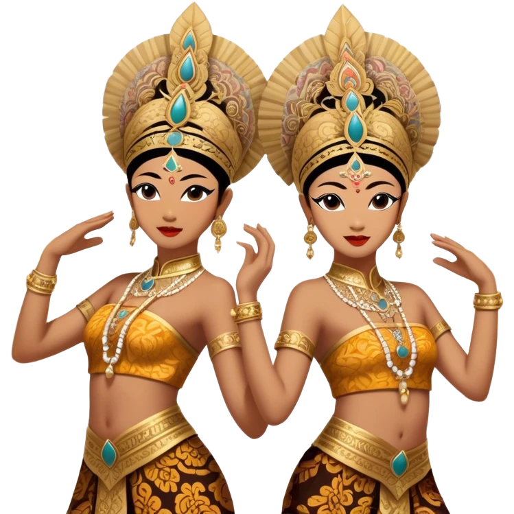 ​Cinematic Realistic Traditional Javanese Dancers, depicted as two graceful dancers in ornate traditional costumes with intricate batik patterns and elaborate headpieces, captured in dynamic poses during a ritual dance in an ancient temple courtyard, rendered with soft golden lighting and rich cultural textures, emoji