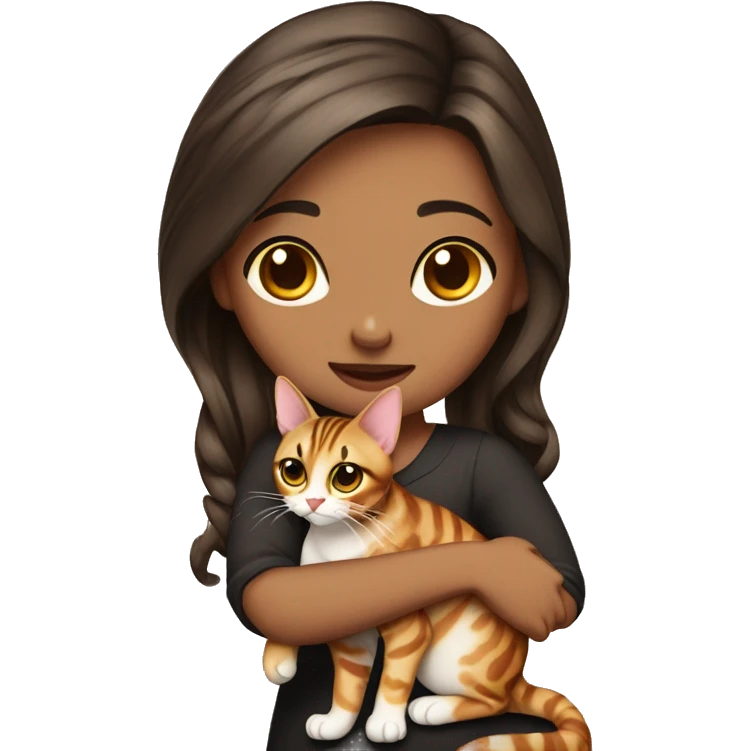 Beautiful skinny hot woman long dark brown hair in dress hug bengal cat emoji