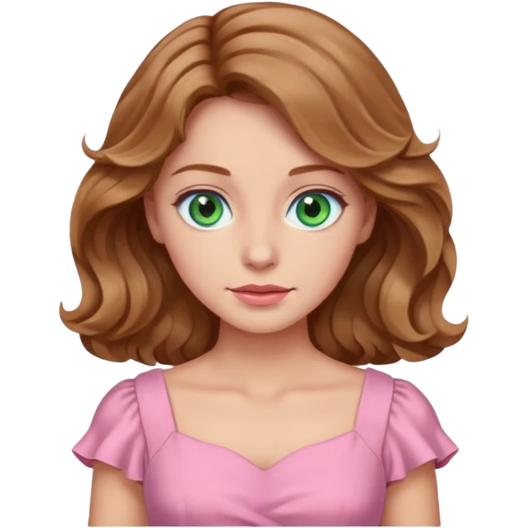A woman has beige skin, wavy light brown hair, green-blu eyes, she wears pink dress  emoji
