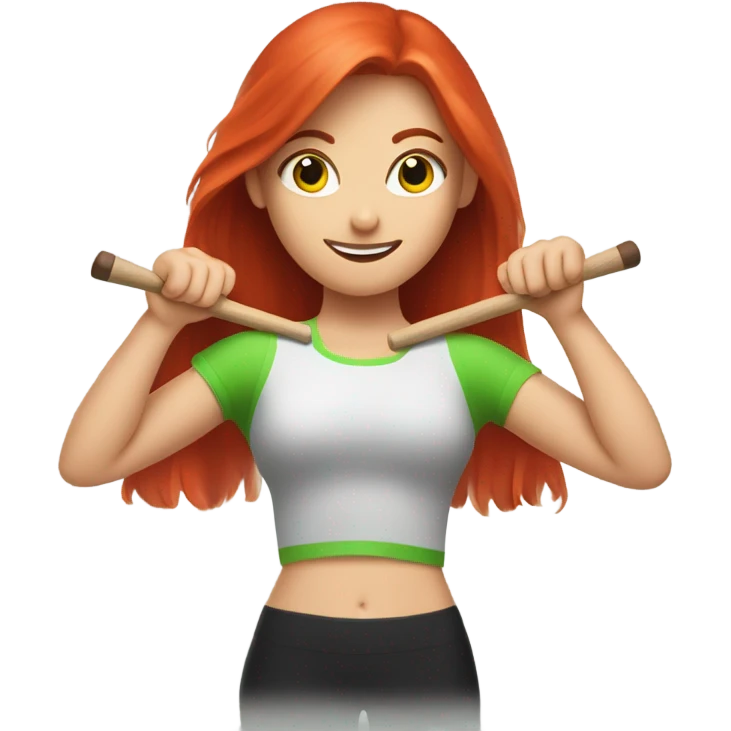 Red headed girl doing a workout with a drumstick in each hand with the drumsticks crossed in front of her and make the drumsticks green emoji