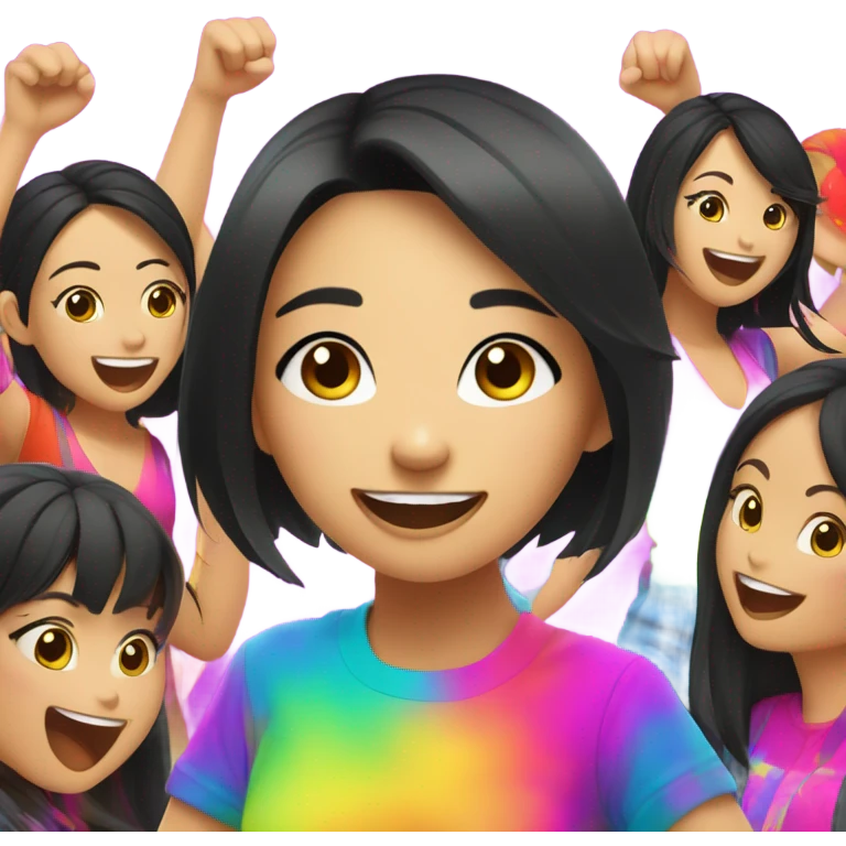 Rave Asian girl black hair with entourage in back at electric daisy carnival emoji
