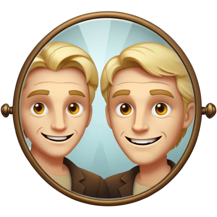 A smug charismatic figure holds a mirror seeing their reflection. in the glass—glowing, predatory eyes a grin, or deep cracks symbolizing a **fragile ego**. Their grip is tight, as if clinging to the illusion of perfection, shadows  behind them, revealing the manipulation hidden beneath their charm. emoji