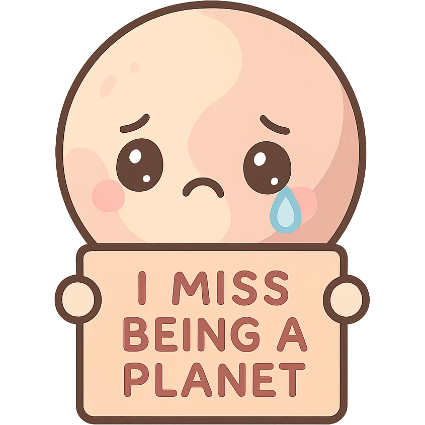 a cartoon Pluto with a tear, holding a sign that says 'I miss being a planet', expressing sadness, cute kawaii style emoji