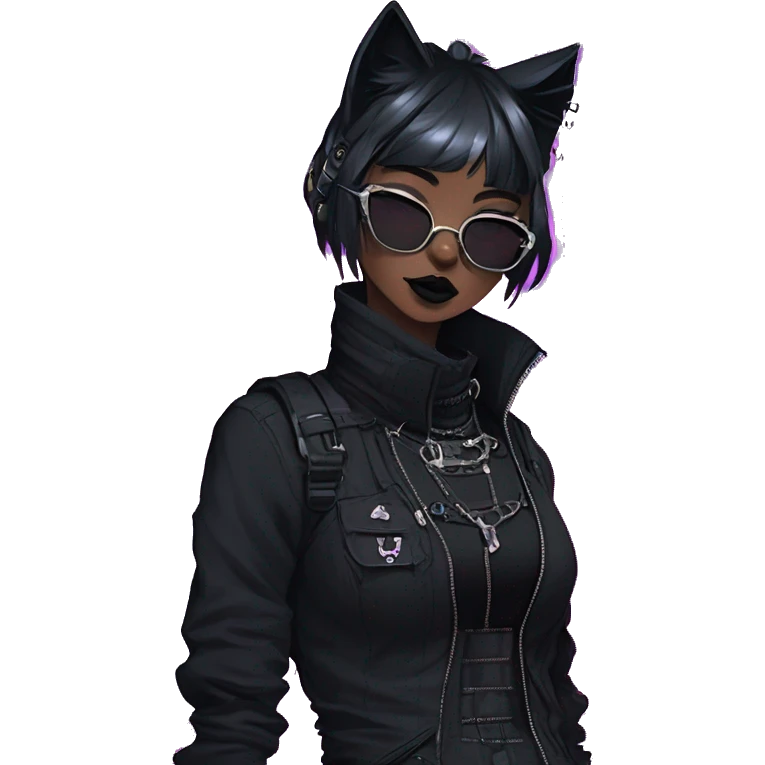 Gorgeous gothic dark techwear cyberpunk anime style sona anthro cat, aesthetic, and pretty edgy black with collar and harness, trending style emoji