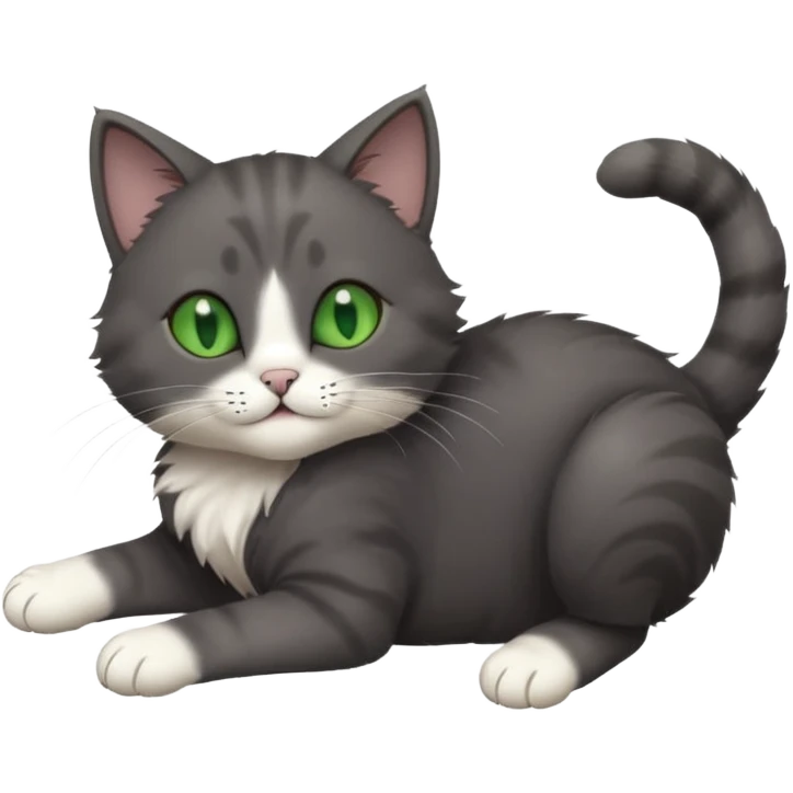 solid dark grey cat with green eyes, white toes/paws playfully rolling upside down emoji