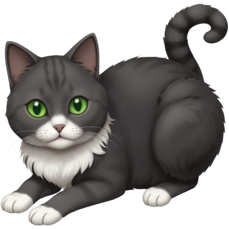 beautiful female solid dark grey cat with green eyes, white toes/paws and white patch on her chest rolling upside down emoji