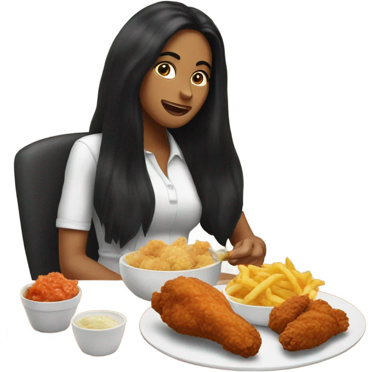 Woman with long black hair eating fried chicken emoji