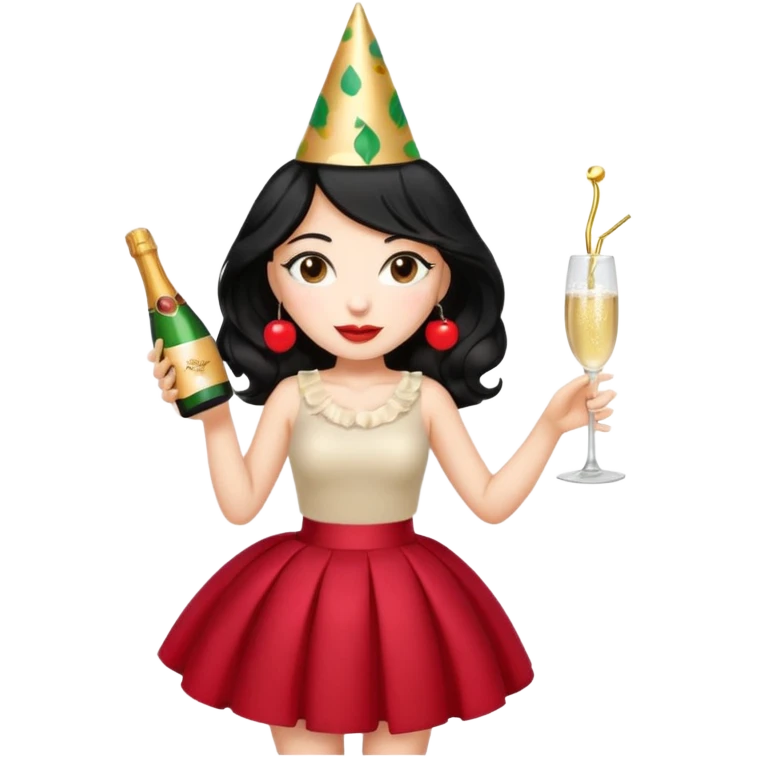 A woman with wavy black hair in a cherry skirt, beautiful and authoritative, drinking champagne emoji