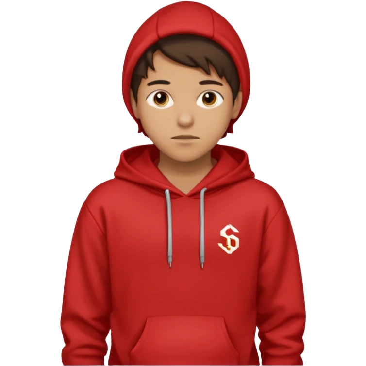 make me an emoji of an americain 19 yearold boy in a red hoodie that says "south" on it and give him with tan skin with his hands in his hands in his pocket not grining flexing his muscles emoji