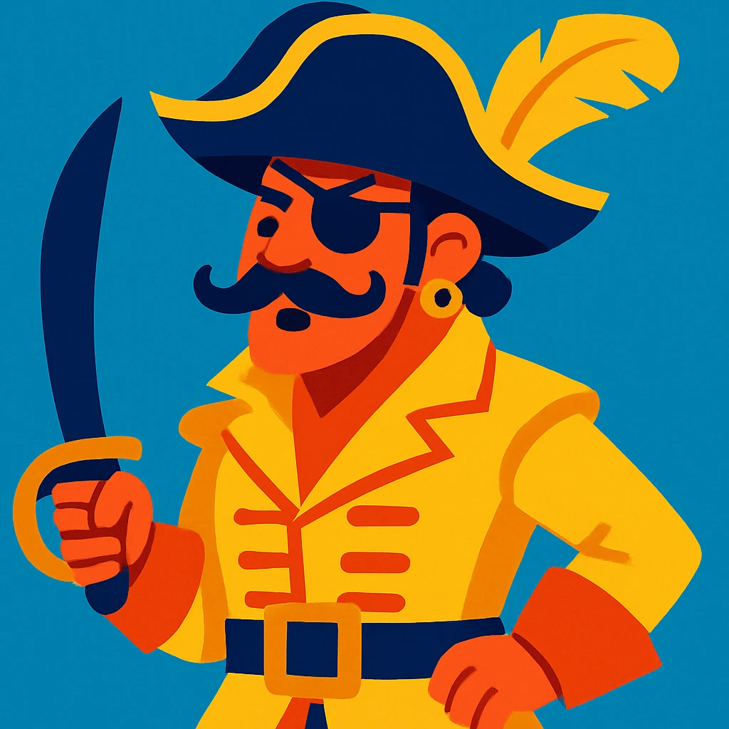 a pirate in a golden uniform and a hat with a golden feather, stylized, vibrant colors emoji