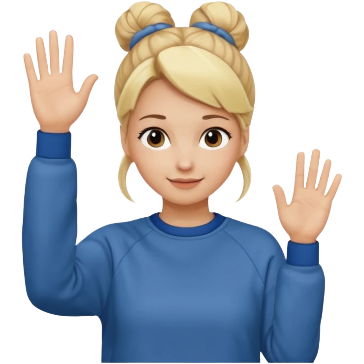 blonde woman with bun in casual clothes and sweat shirt waving emoji