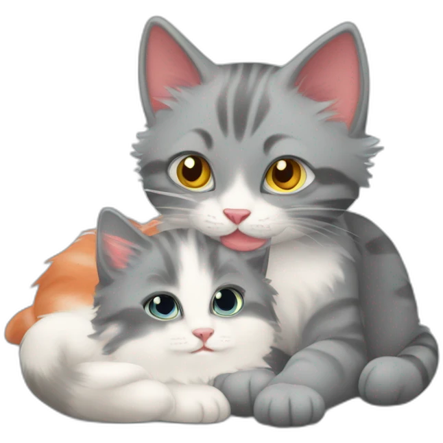 'striped grey cat' playing with 'little floofy red kitten' emoji