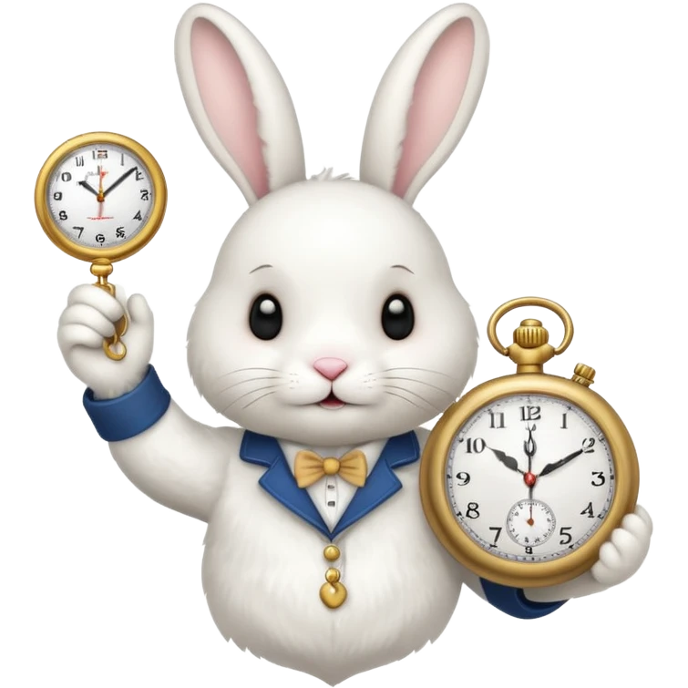 white bunny with a clock on his hand signaling the clock emoji
