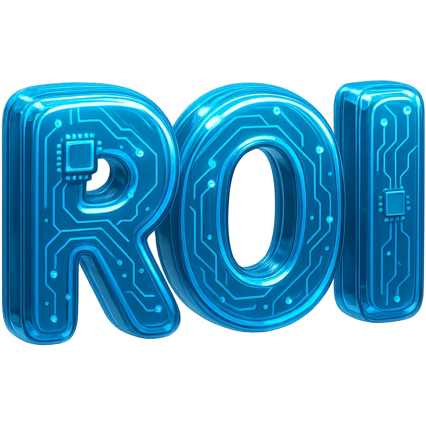Futuristic 'ROI' typography, glossy circuit style, luminous blue highlights emoji