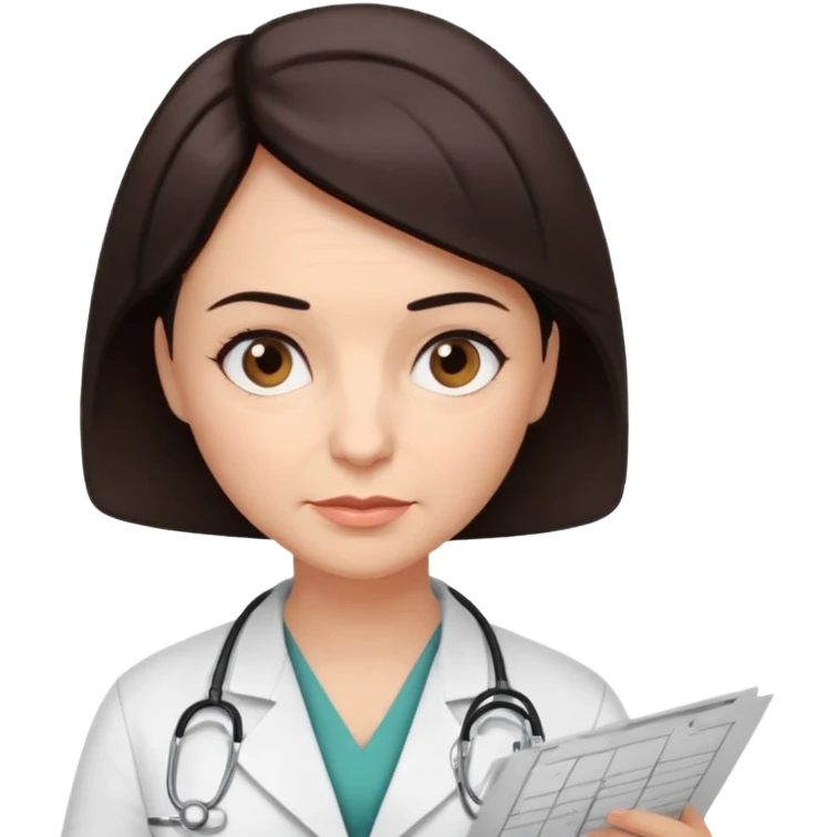 A female doctor in her 50s with visible facial wrinkles, dark brown short bob hair, looking down at and focusing on a medical chart. emoji