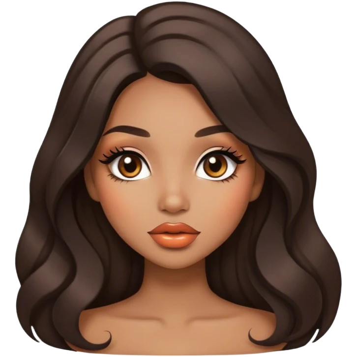 Glamourous, light brown skin tone, very beautiful girl, with big plump peach-beige lips, long long lashes, black wavy smooth long hair, straight parting hair, brown eyes emoji