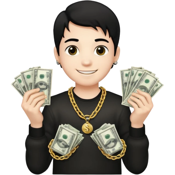 Has un chico con mucha plata en sus manos y en su alrededor, Con una cadena que diga "JovenBallin" y que tenga pelo negro y sea piel blanca emoji