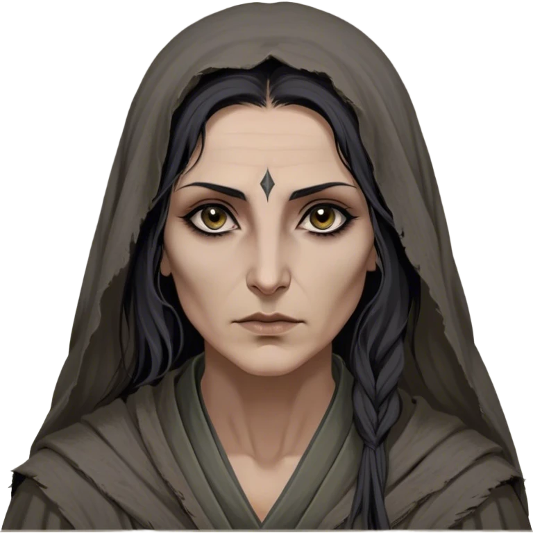 Mirri Maz Duur is a weathered, age 45 Lhazareen woman with deep-set dark eyes, high cheekbones, and a sharp nose, giving her a stern, knowing expression. Her long, unkempt dark hair streaked with gray falls loosely over her shoulders, and her earth-toned, tattered robes mark her as a humble healer. Despite her frail appearance, she exudes an aura of mystery and menace, her hands stained with herbs and blood from both healing and dark sorcery. emoji