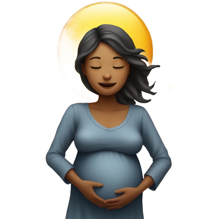 is a emoji of a pregnant woman with 12 star above her head, a shirt with the simbol of a emoji sun and a moon under the pregnant woman emoji