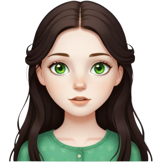 pretty girl with pale skin, freckles, green eyes, long lashes, dark brown long hair in summer styled outfit emoji