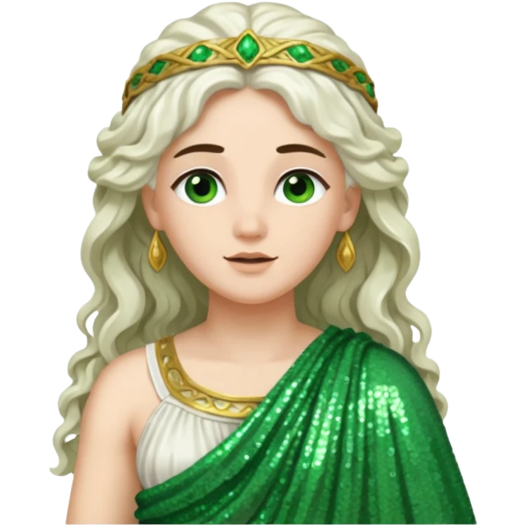 Juno, Goddess of Marriage from Roman Deities with long white brunette wavy hair, green sequin toga emoji
