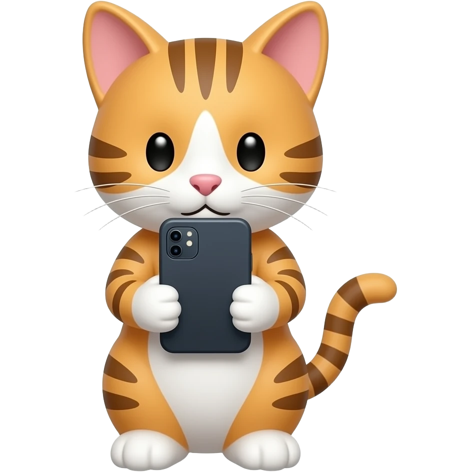 Glossy 3D rendered cat emoji with full body, front-facing, holding and looking down at a smartphone, slightly rounded edges, soft shading, white background emoji