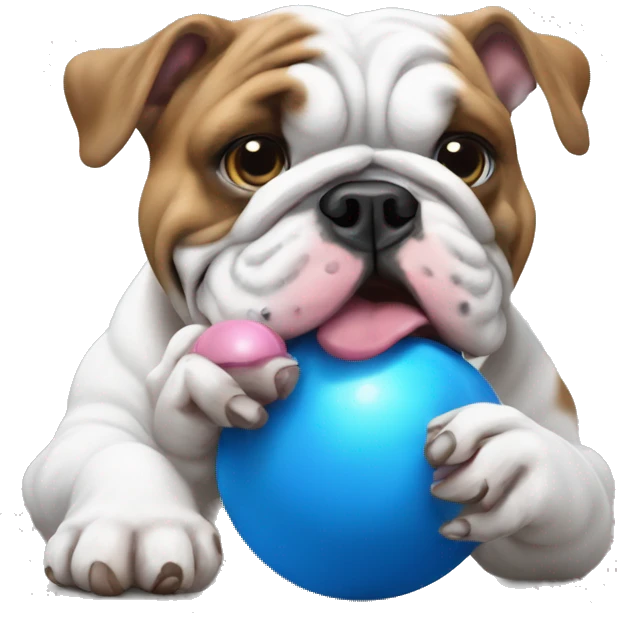 English bulldog playing with blue ball emoji