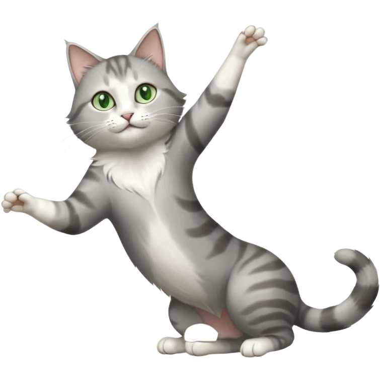 grey and white cat with green eyes doing a big extremely long stretch reaching up into the air with arms and legs side by side together straight and overextended whilst lying on its side emoji