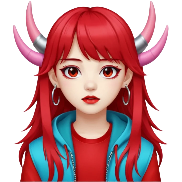  portrait-of-a-red devil-k-pop-idol,-wearing-a-stylish-streetwear-outfit-with-layered-colorful-clothing,-long-hair-with-bangs,-makeup,- emoji