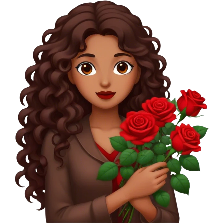 Brown woman with long curly dark brown hair holding red roses emoji